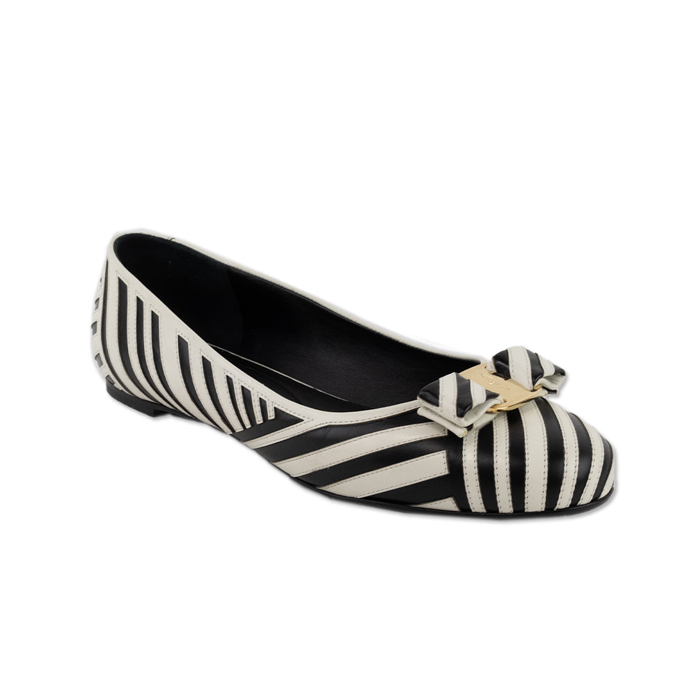 Salvatore Ferragamo Black and White Leather Striped Round Toe Flats