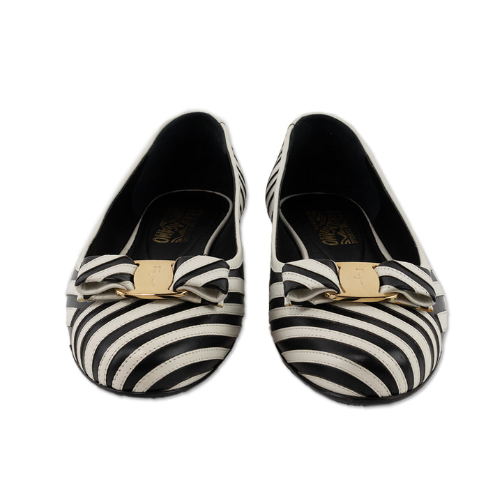 Salvatore Ferragamo Black and White Leather Striped Round Toe Flats