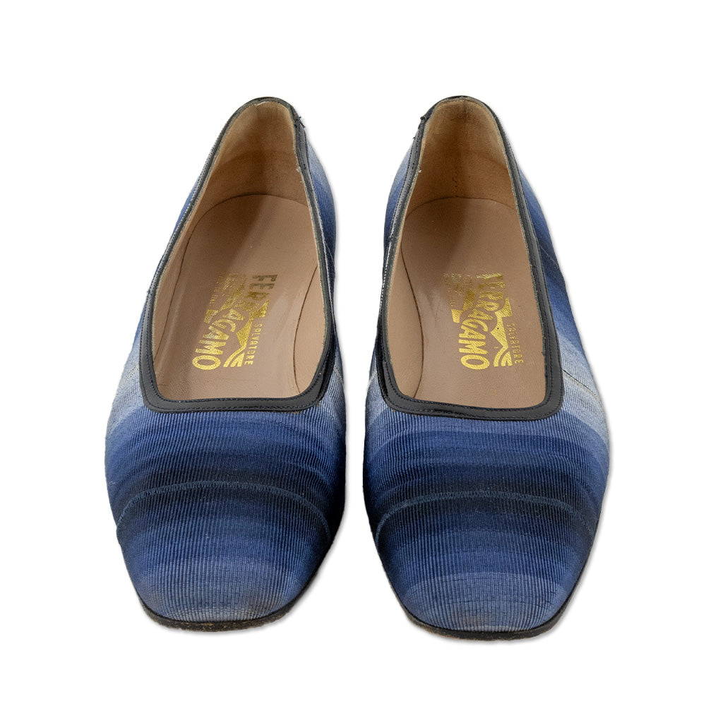 Salvatore Ferragamo Blue Striped Heeled Square Toe Loafers