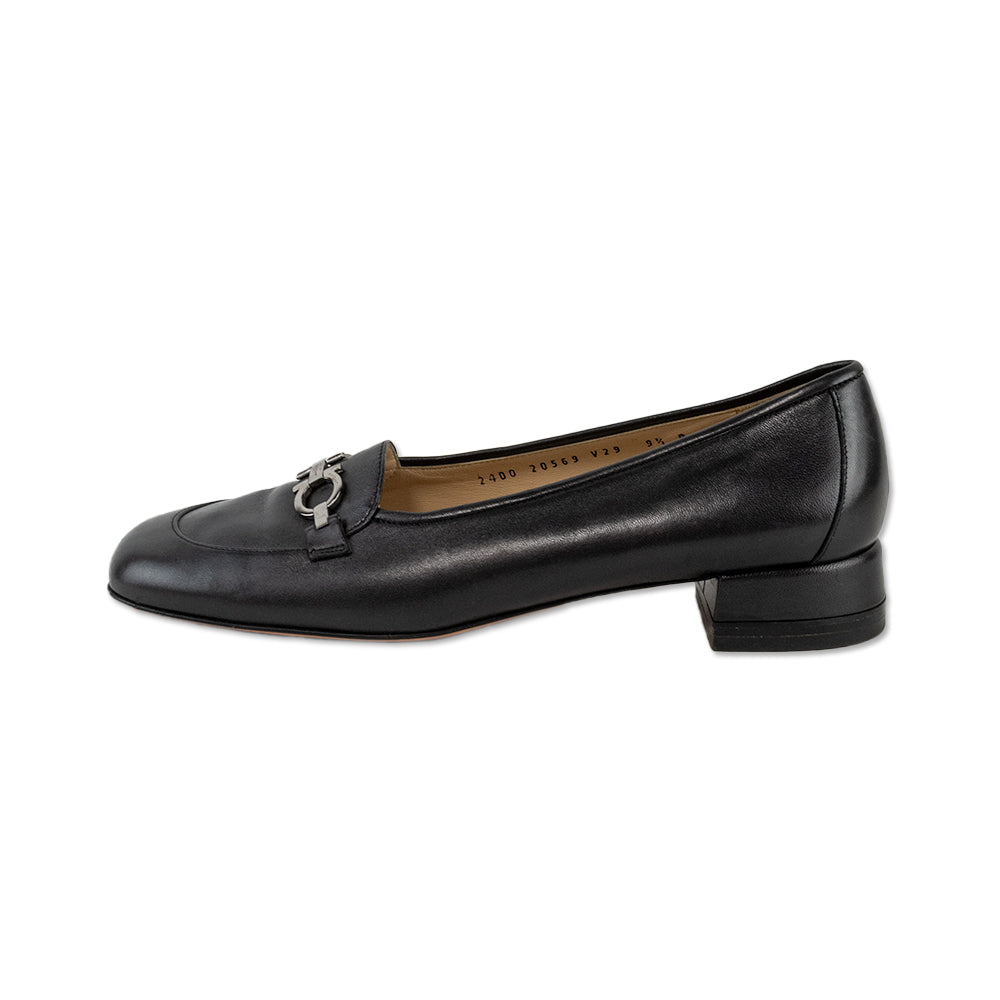 Salvatore Ferragamo Classic Black Leather Loafers with Silver Buckles