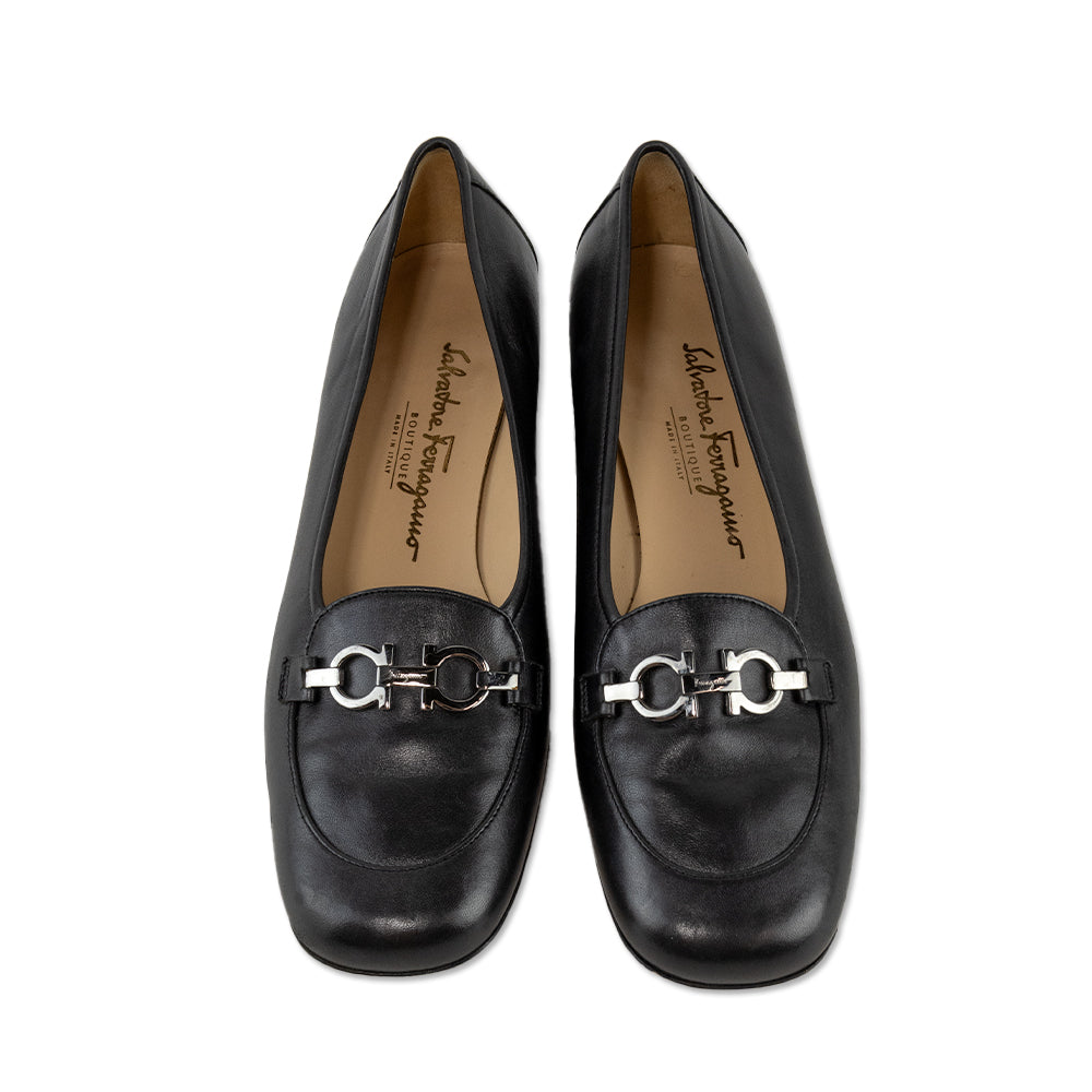 Salvatore Ferragamo Classic Black Leather Loafers with Silver Buckles