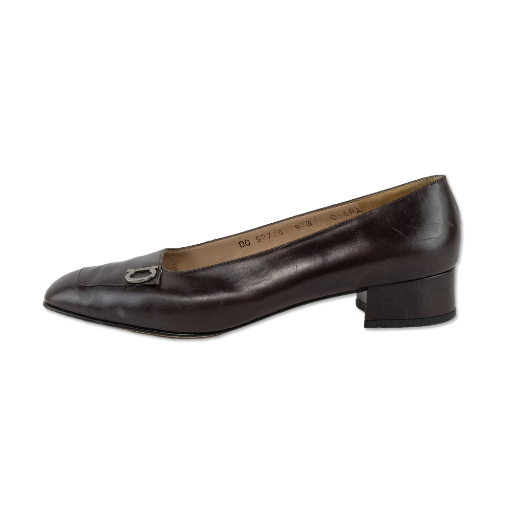 Salvatore Ferragamo Brown Leather Round Toe Loafers with Silver Buckles