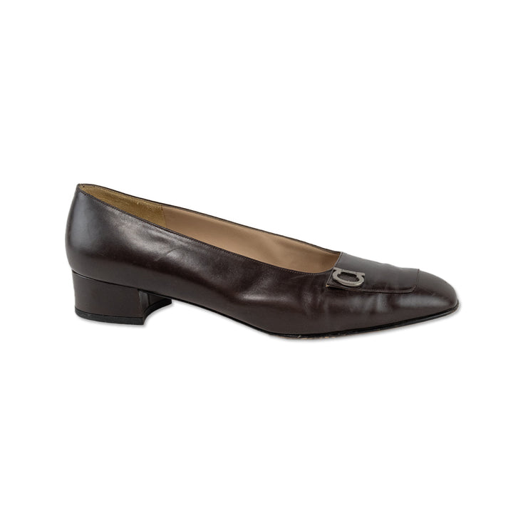 Salvatore Ferragamo Brown Leather Round Toe Loafers with Silver Buckles