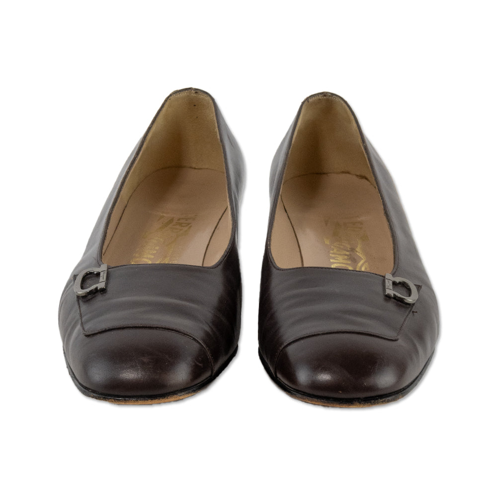 Salvatore Ferragamo Brown Leather Round Toe Loafers with Silver Buckles