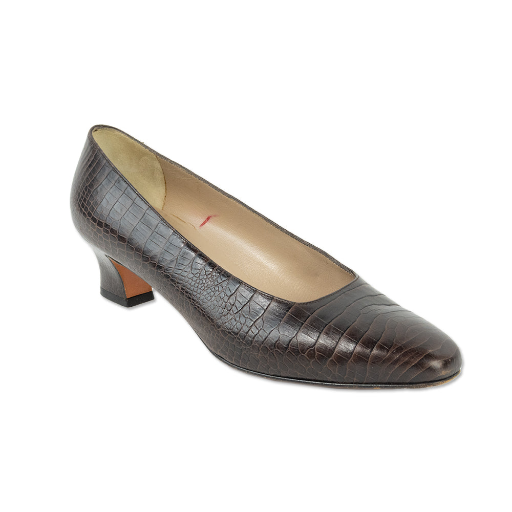 Salvatore Ferragamo Croc Embossed Brown Leather Pumps