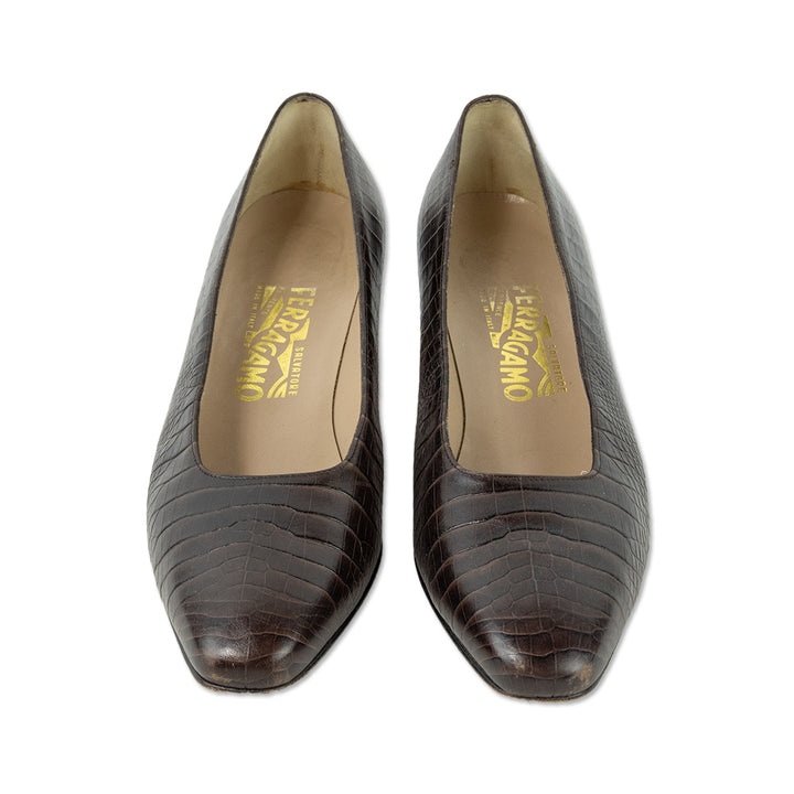 Salvatore Ferragamo Croc Embossed Brown Leather Pumps