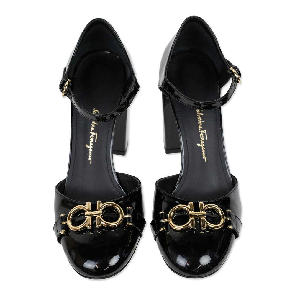 Salvatore Ferragamo Dahlia Gancini Black Patent Leather Sandals