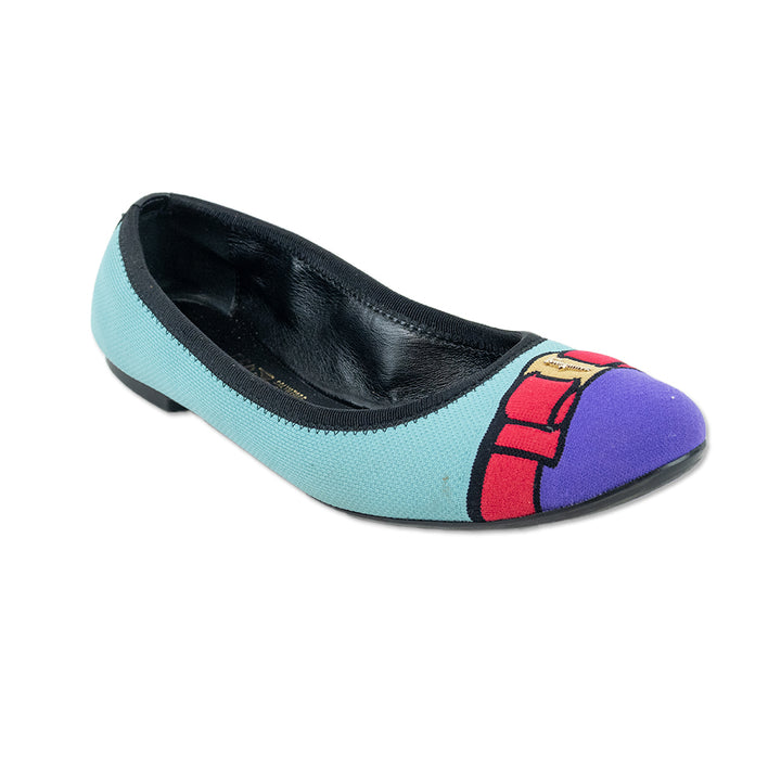 Salvatore Ferragamo Teal Fabric Ballet Flats with Purple Cap Toe