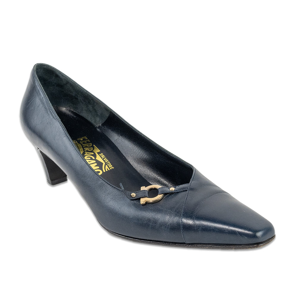 Salvatore Ferragamo Navy Leather Gold Gancini Pumps