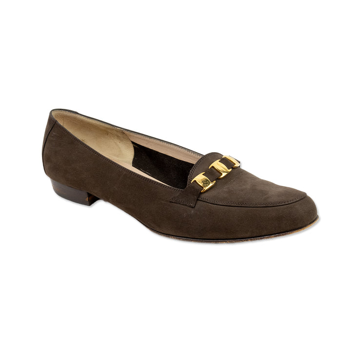 Salvatore Ferragamo Round Toe Brown Suede Flat