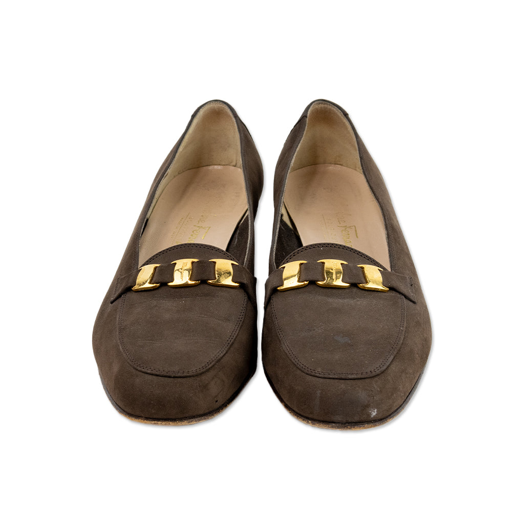 Salvatore Ferragamo Round Toe Brown Suede Flat