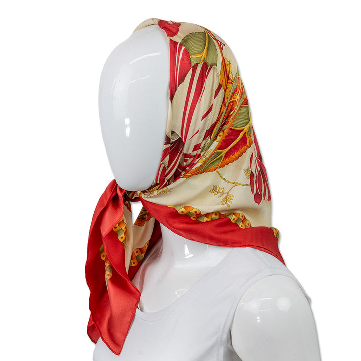 Salvatore Ferragamo Yellow and Red Floral Printed Silk Scarf