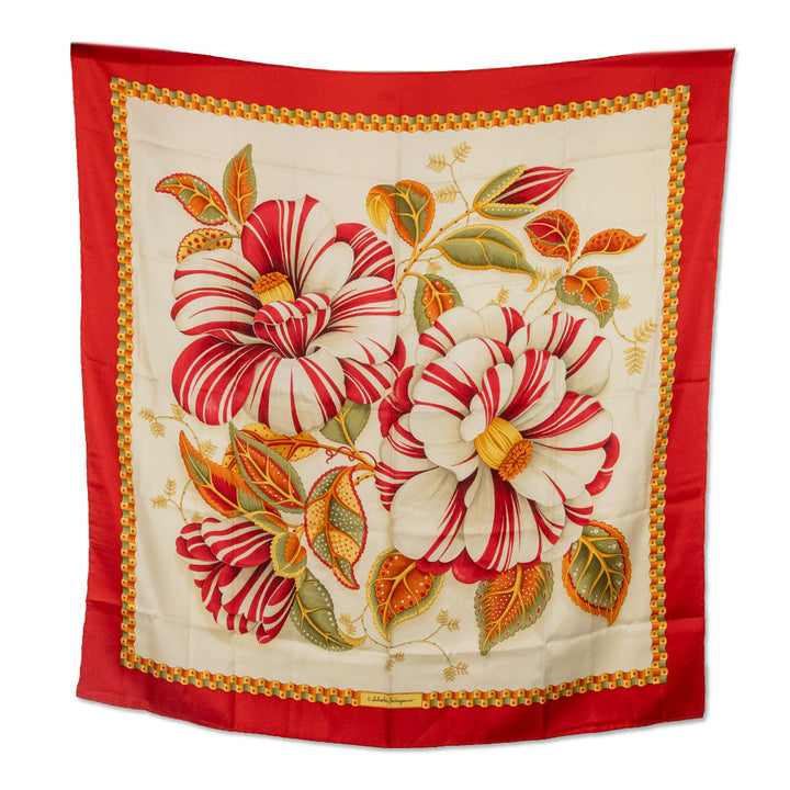 Salvatore Ferragamo Yellow and Red Floral Printed Silk Scarf