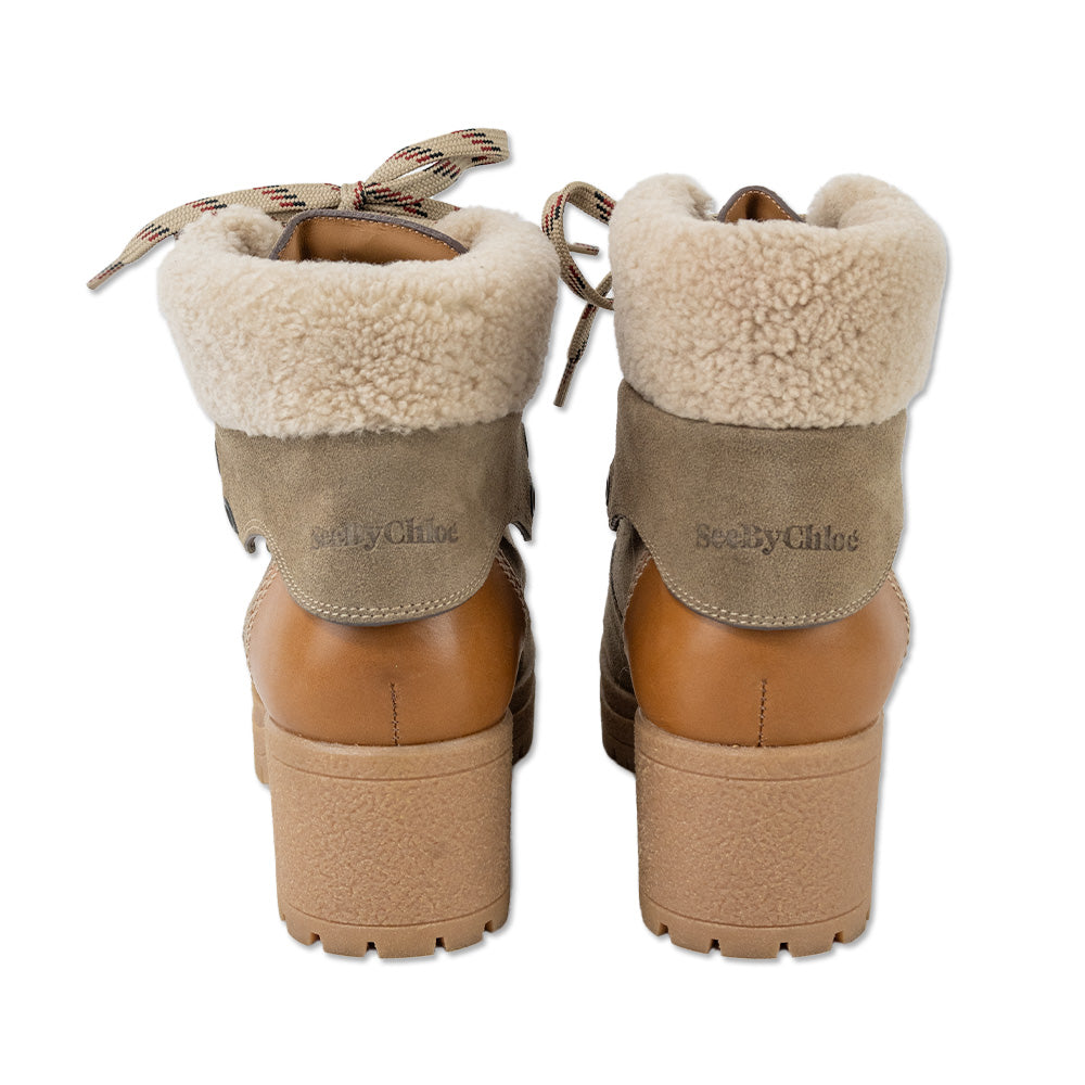 See by Chloé Brown Crosta Lace-Up Shearling-Trimmed Hiking Boots