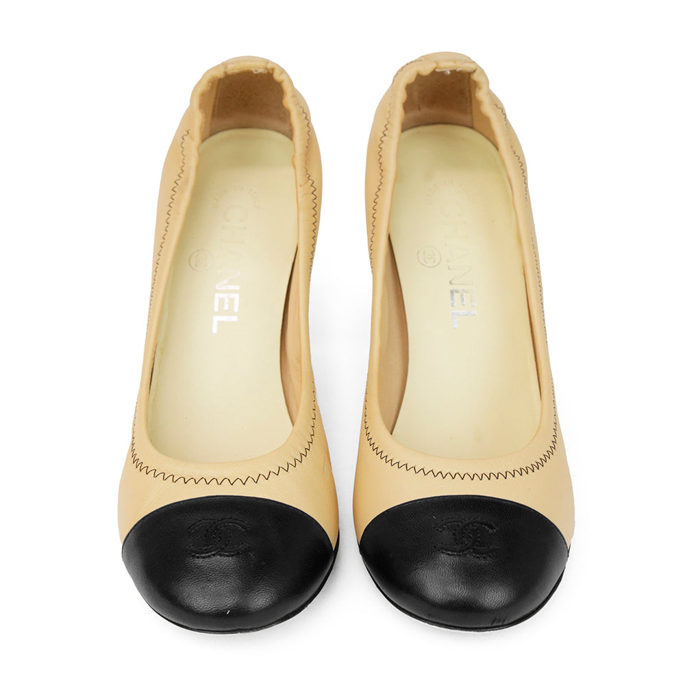 Chanel Beige & Black CC Cap Toe Pumps