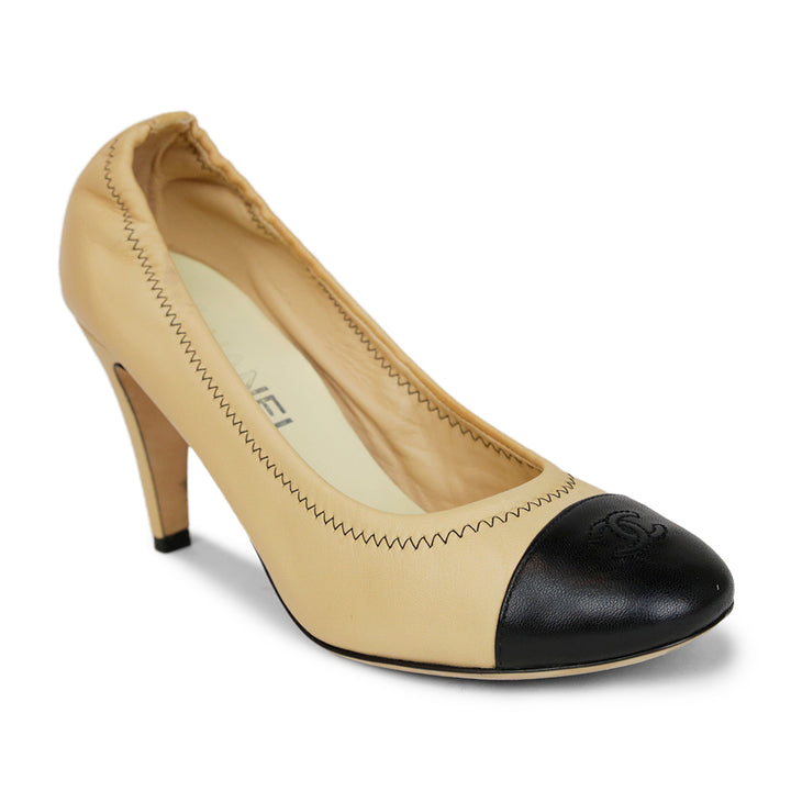 Chanel Beige & Black CC Cap Toe Pumps