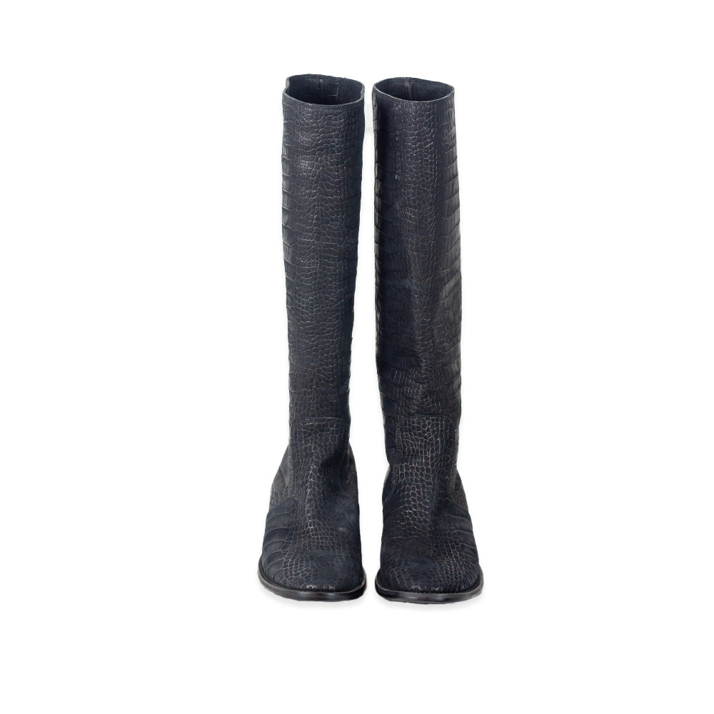 Sigerson Morrison Cayman Black Croc Embossed Leather Knee-High Riding Boots