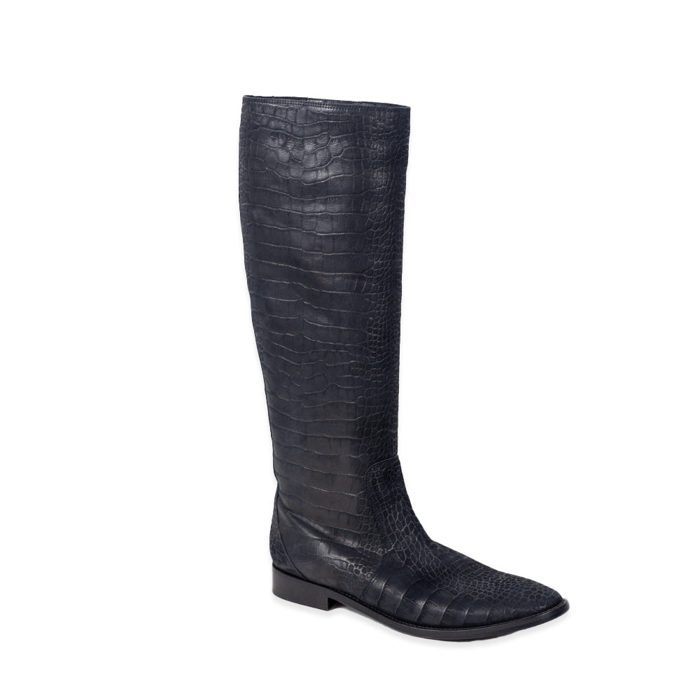 Sigerson Morrison Cayman Black Croc Embossed Leather Knee-High Riding Boots