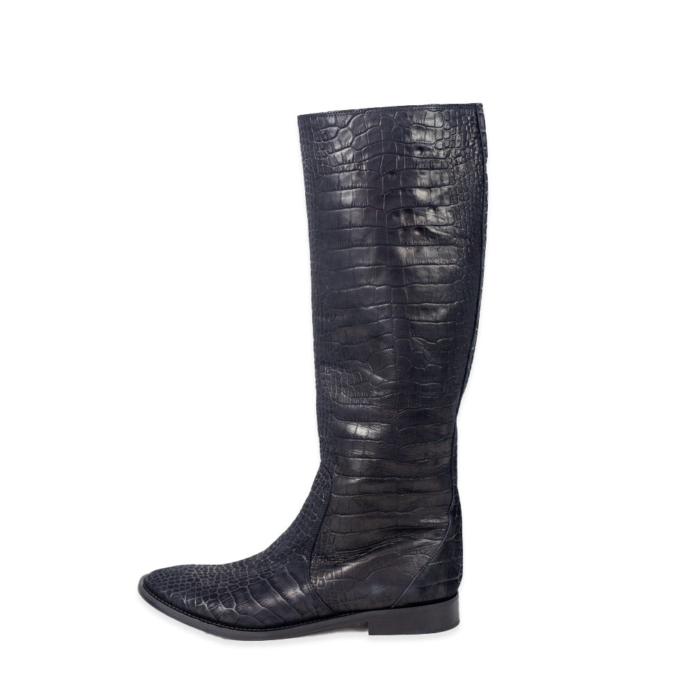 Sigerson Morrison Cayman Black Croc Embossed Leather Knee-High Riding Boots