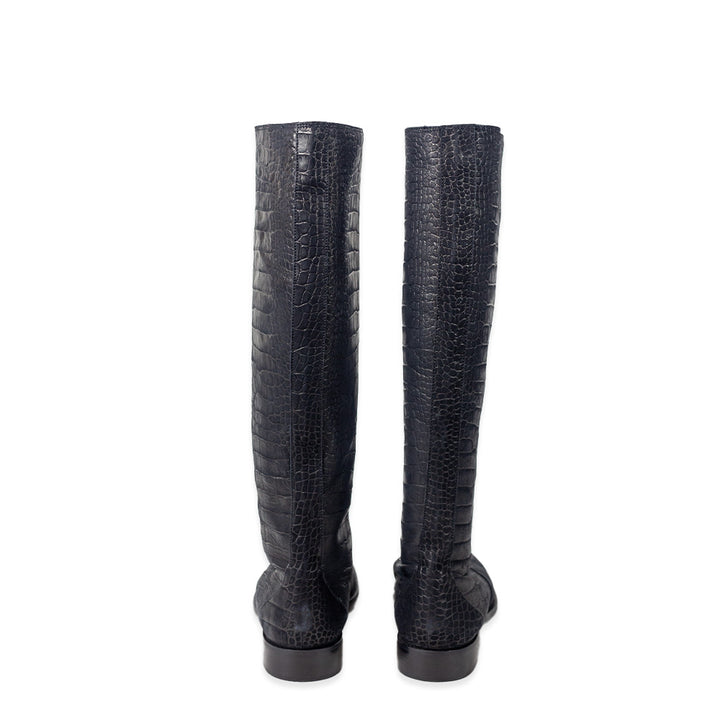 Sigerson Morrison Cayman Black Croc Embossed Leather Knee-High Riding Boots