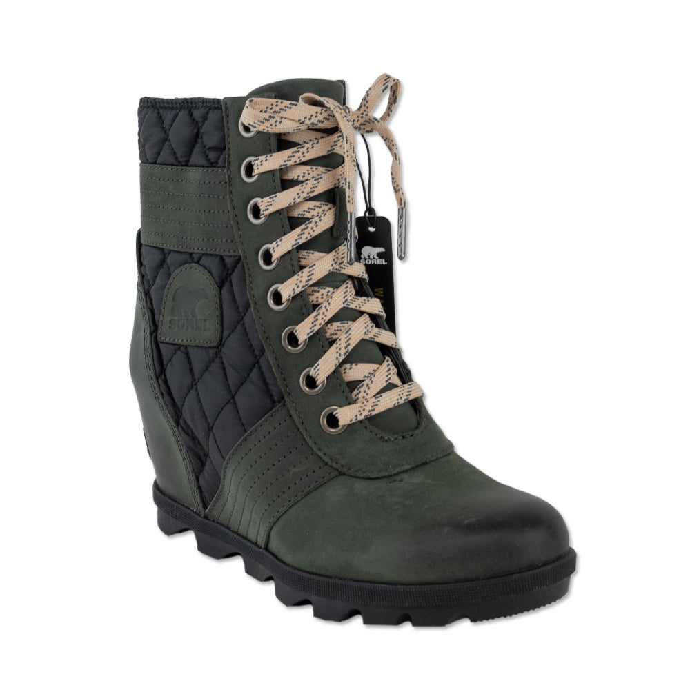 Sorel Lexie Green Leather Black Quilted Puffer Wedge Boot