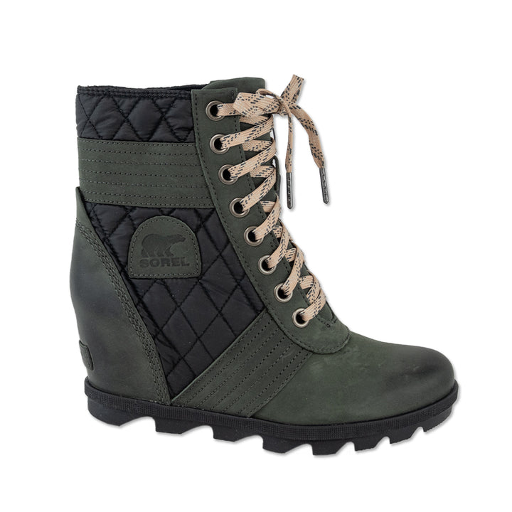 Sorel Lexie Green Leather Black Quilted Puffer Wedge Boot