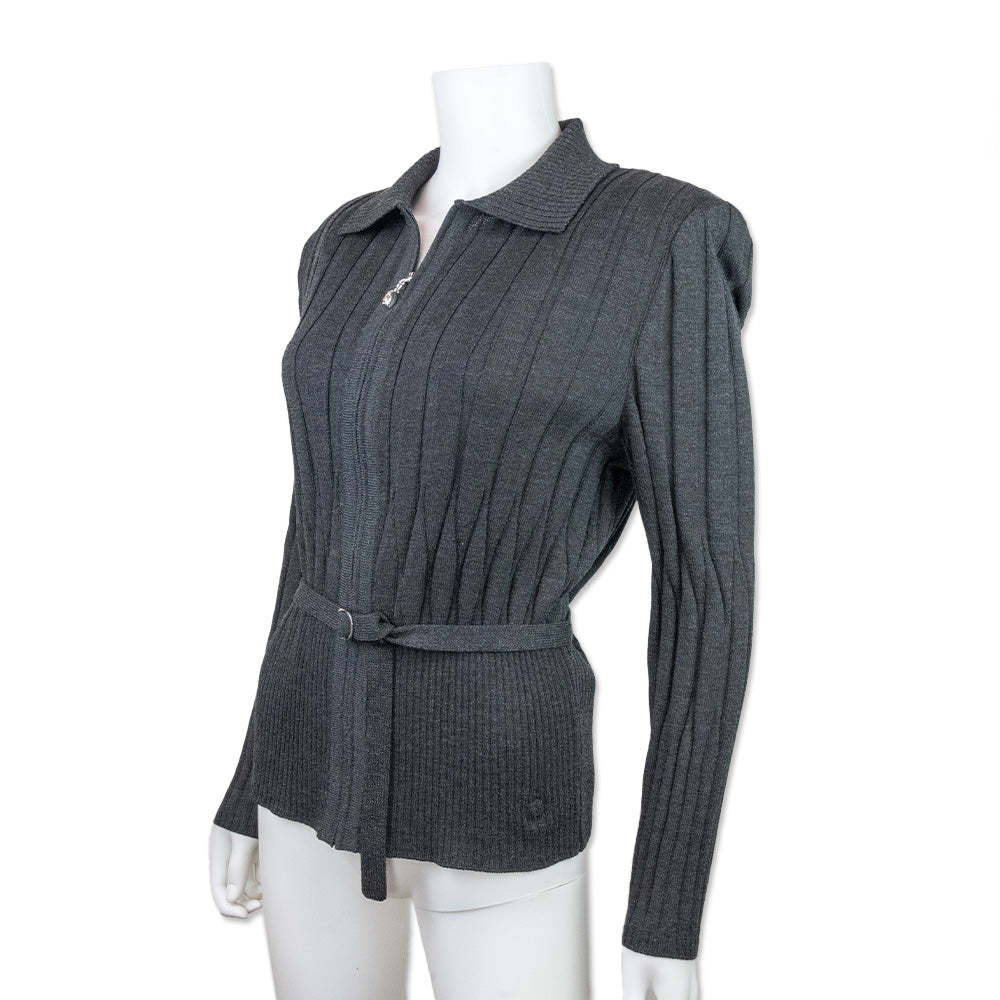 St. John Collection Gray Collared Ribbed Knit Zip Up Jacket