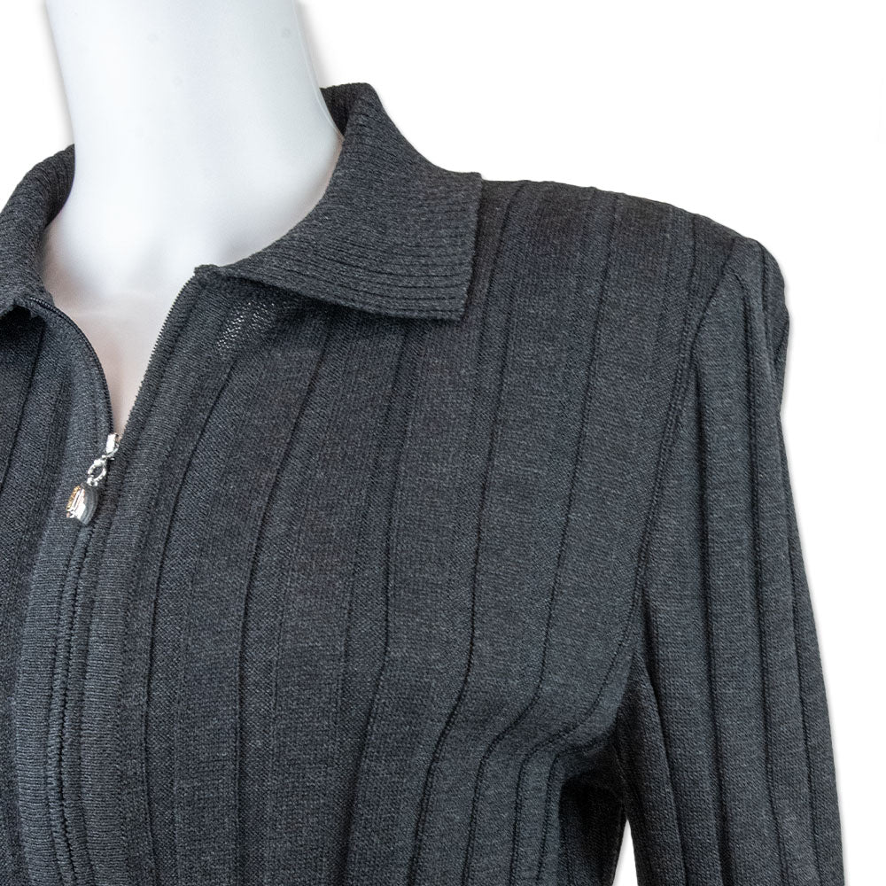 St. John Collection Gray Collared Ribbed Knit Zip Up Jacket