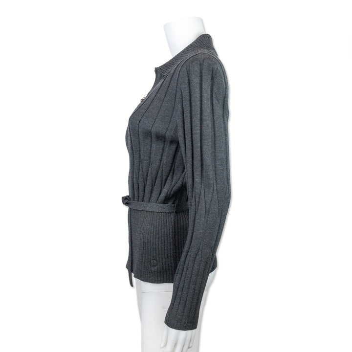 St. John Collection Gray Collared Ribbed Knit Zip Up Jacket