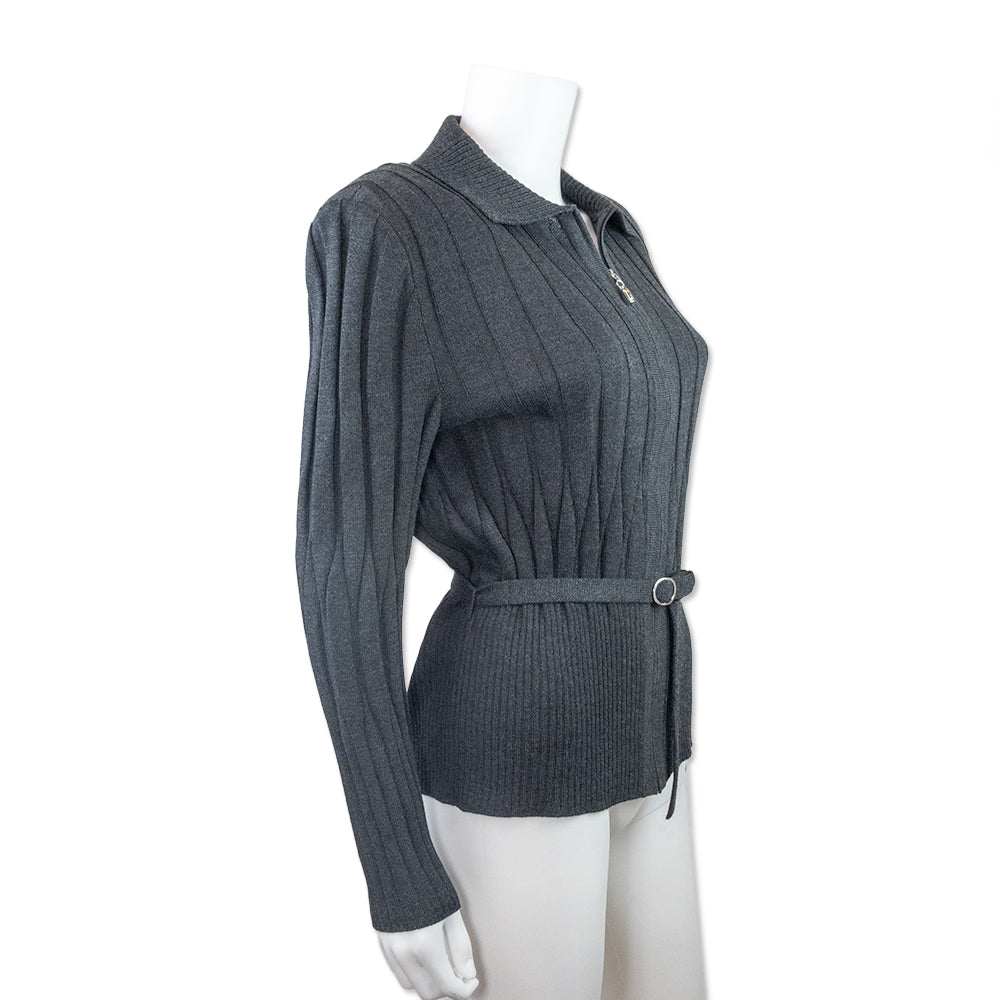 St. John Collection Gray Collared Ribbed Knit Zip Up Jacket