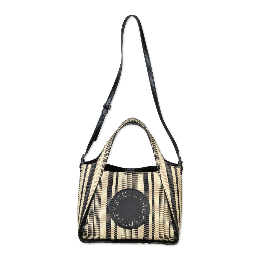 Stella McCartney Black Stella Logo Striped Raffia Tote Bag