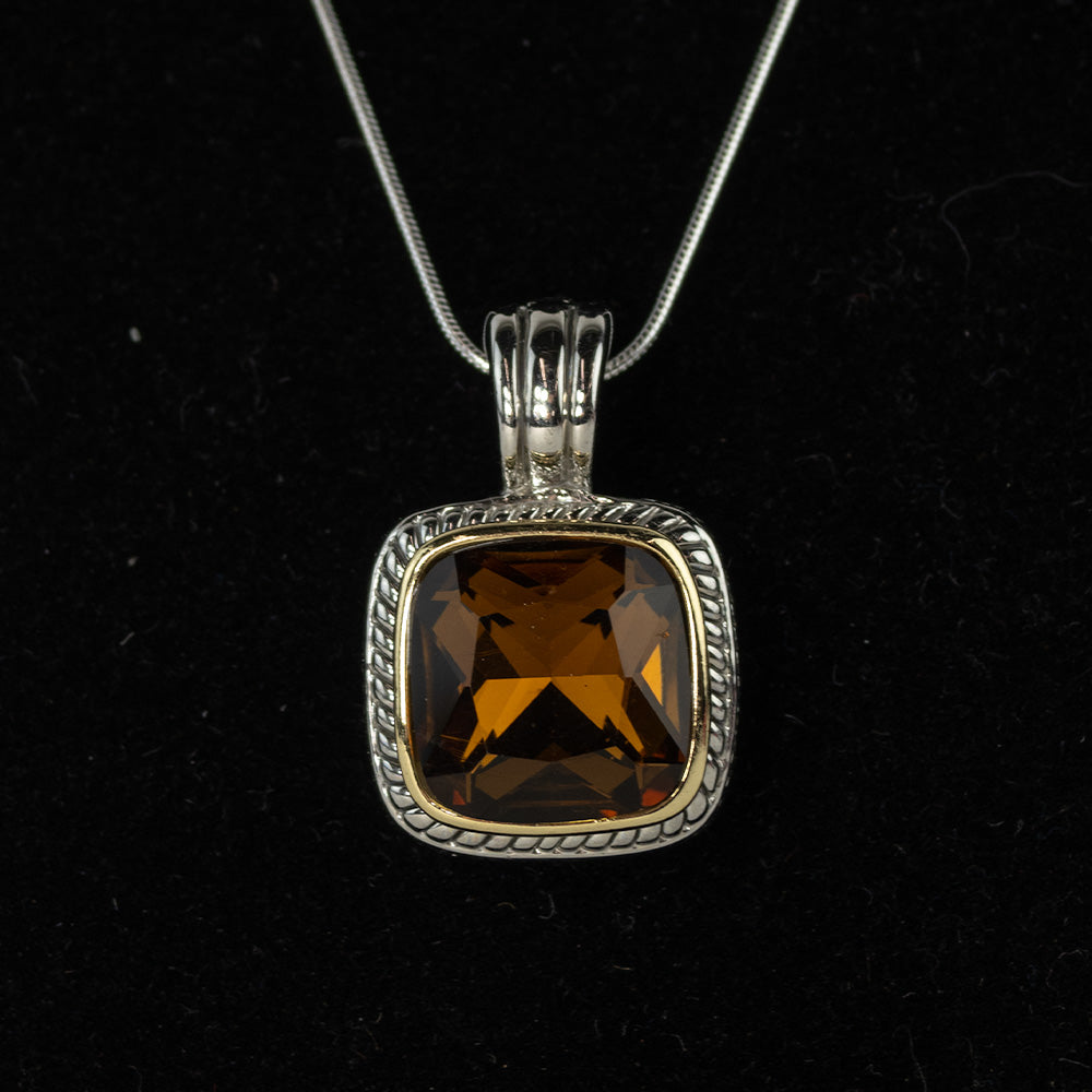 Sterling Silver Two-Tone Brown Square Stone Pendant Necklace