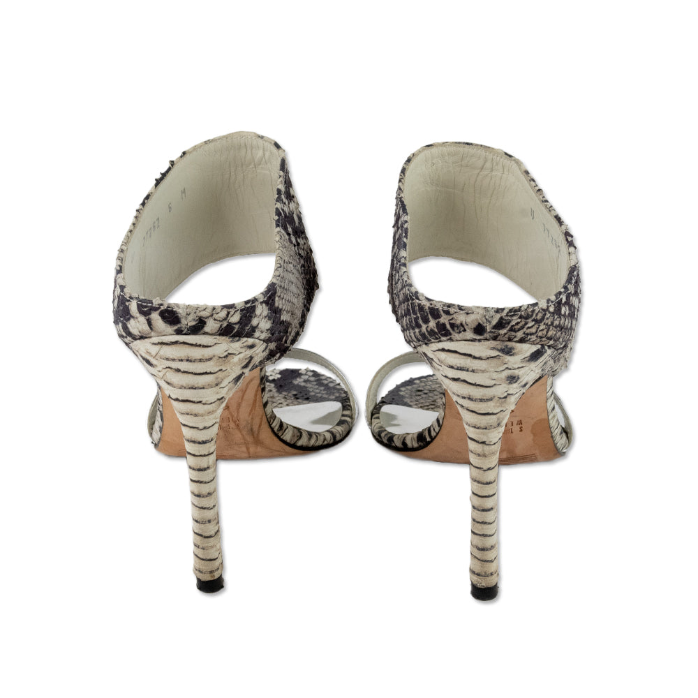 Stuart Weitzman Snake Print and Silver Open Toe Heeled Sandals