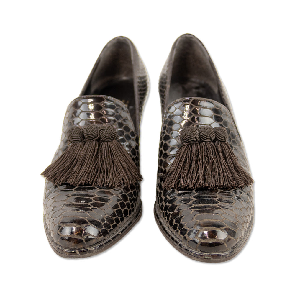 Stuart Weitzman Brown Razmataz Embossed Snakeskin Heeled Tassel Loafers