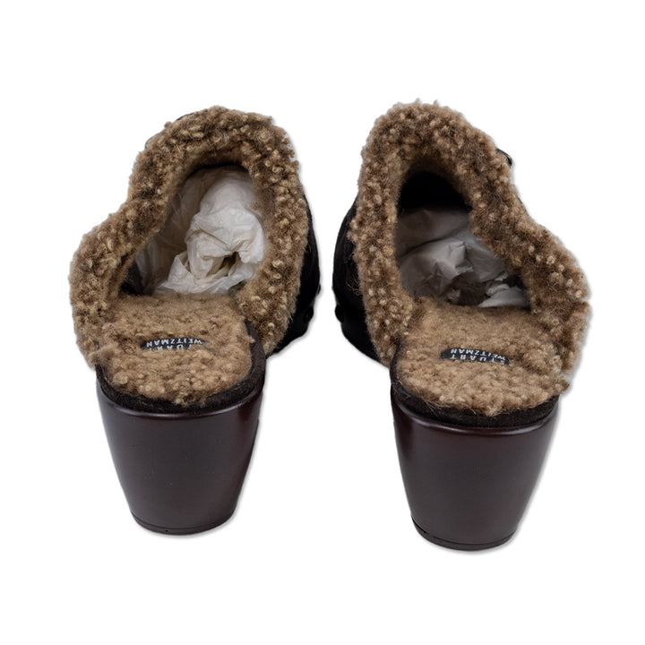 Stuart Weitzman Brown Suede Fur-Lined Wedge Clogs