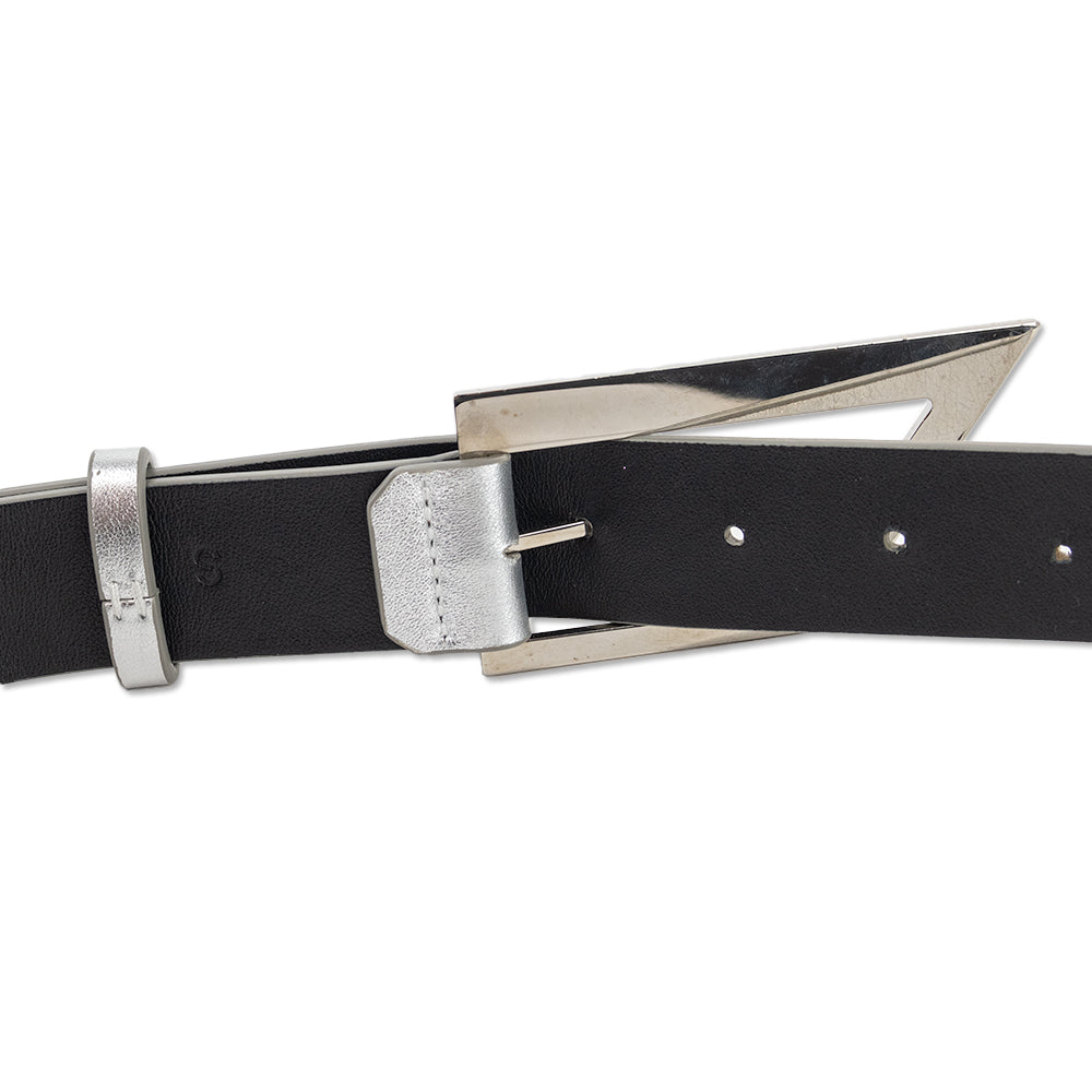 The Attico Metallic Silver Leather Logo Buckle Curve Belt