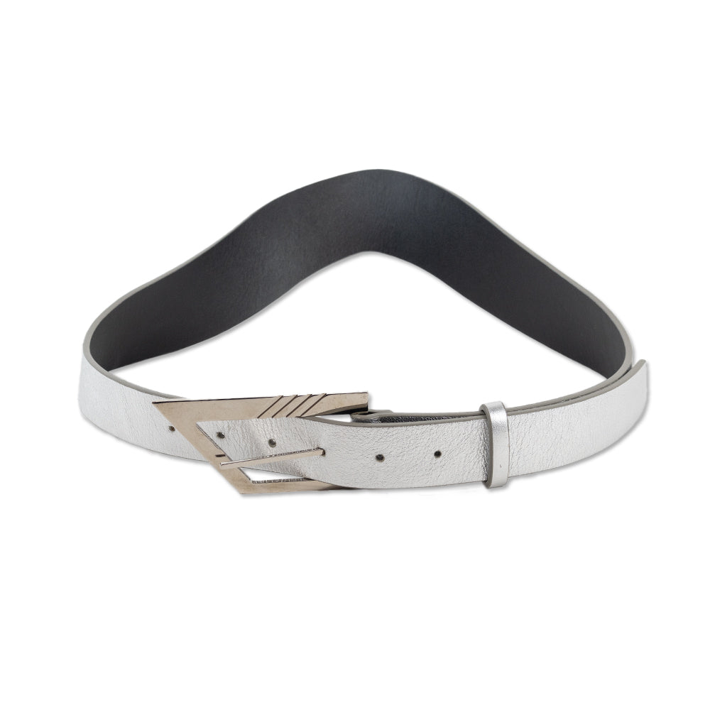 The Attico Metallic Silver Leather Logo Buckle Curve Belt