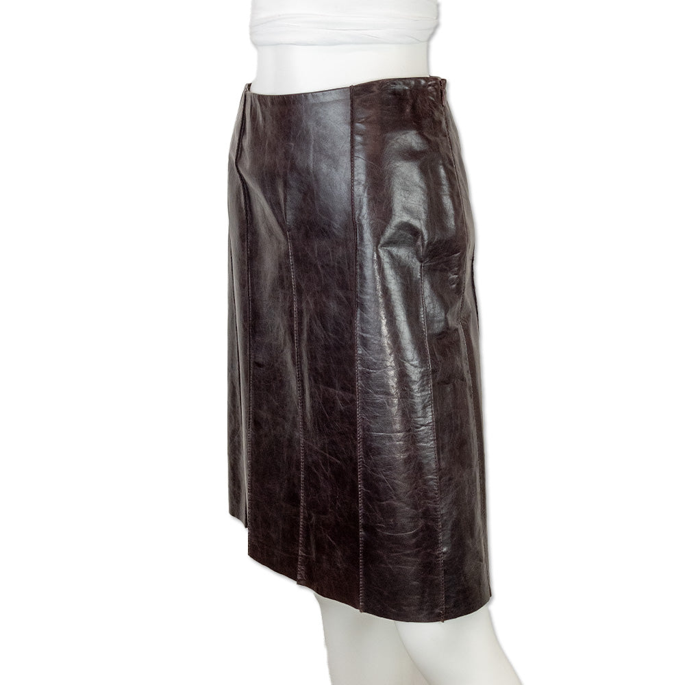 The Wrights Burgundy Leather Mid Rise Pencil Skirt