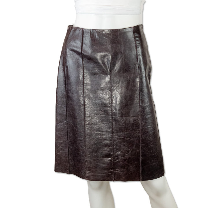 The Wrights Burgundy Leather Mid Rise Pencil Skirt