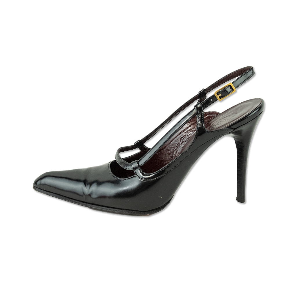 Tod's Black Leather Pointed Toe Slingback Heels