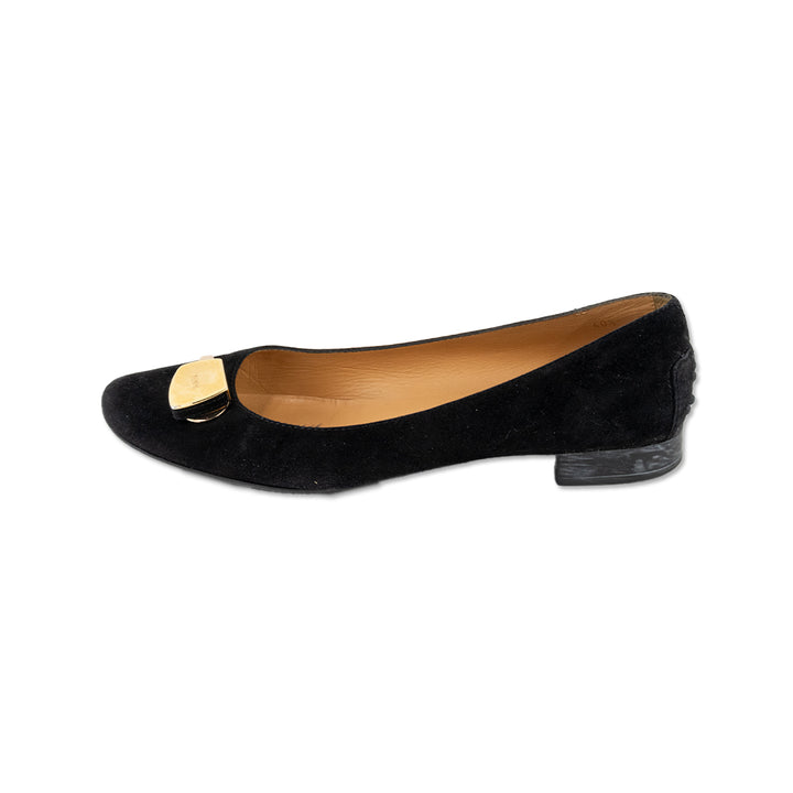 Tod's Black Suede Flats with Gold Logo Buckle