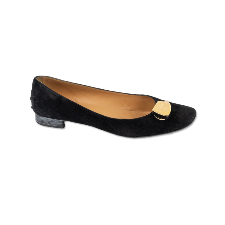 Tod's Black Suede Flats with Gold Logo Buckle