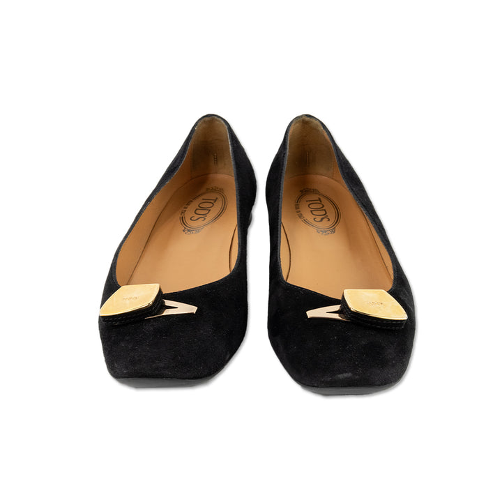 Tod's Black Suede Flats with Gold Logo Buckle