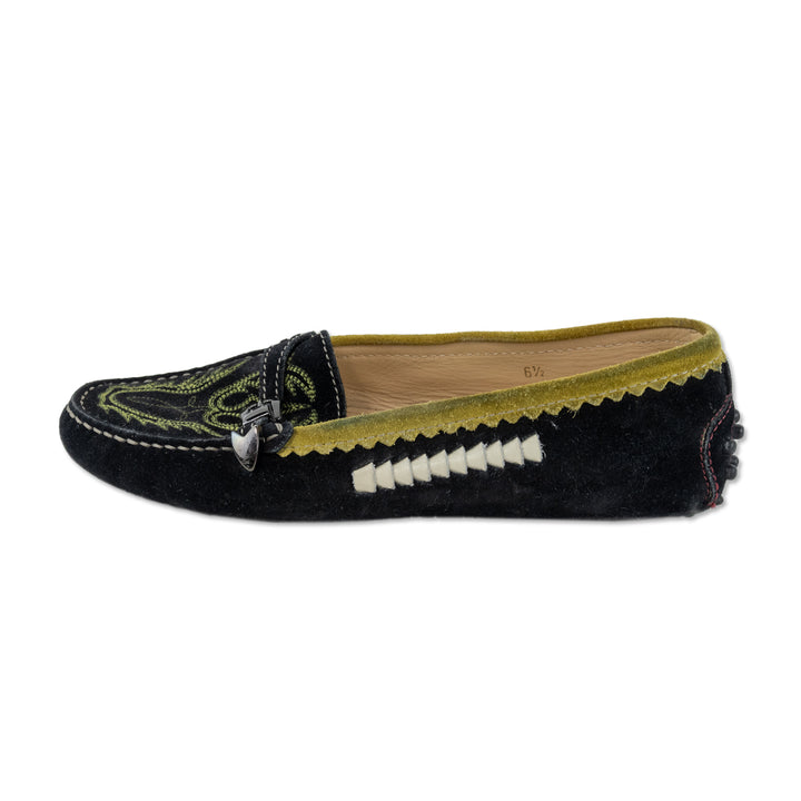 Tod's Black Suede Yellow Trim Embroidered Driver Loafers