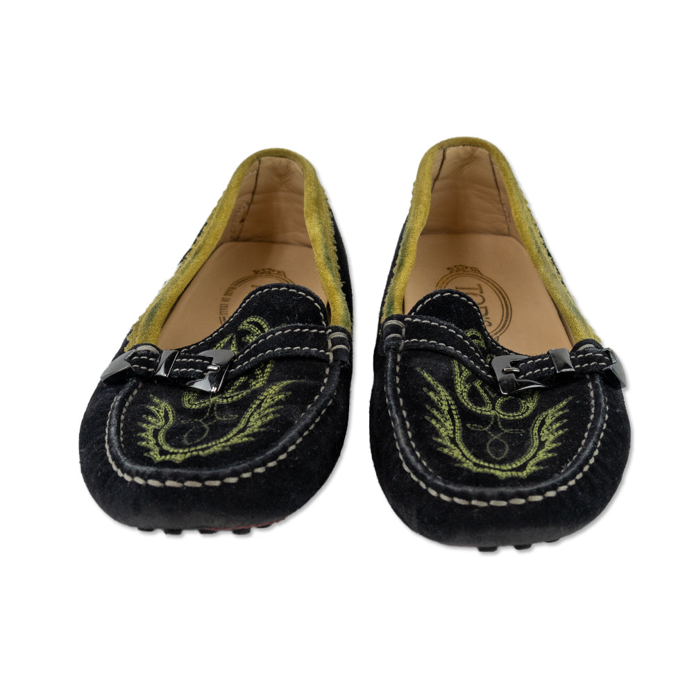 Tod's Black Suede Yellow Trim Embroidered Driver Loafers