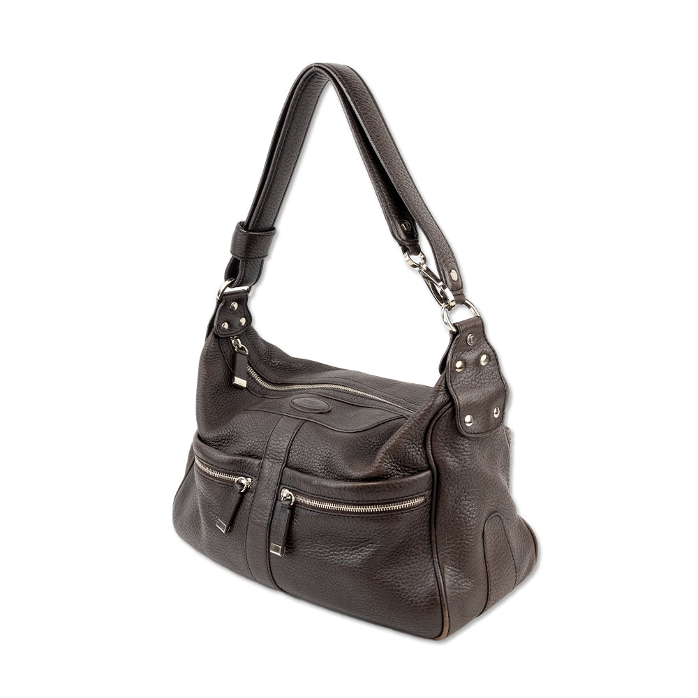 Tod's Brown Leather Shoulder Bag with Silver Hardware