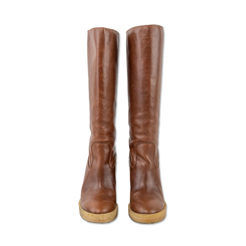 Tod's Brown Leather Wedge Below the Knee Boots