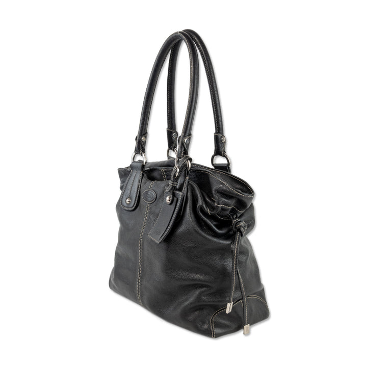 Tod's Drawstring Black Leather Handbag with Top Handle