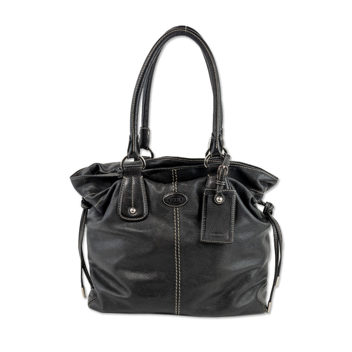 Tod's Drawstring Black Leather Handbag with Top Handle