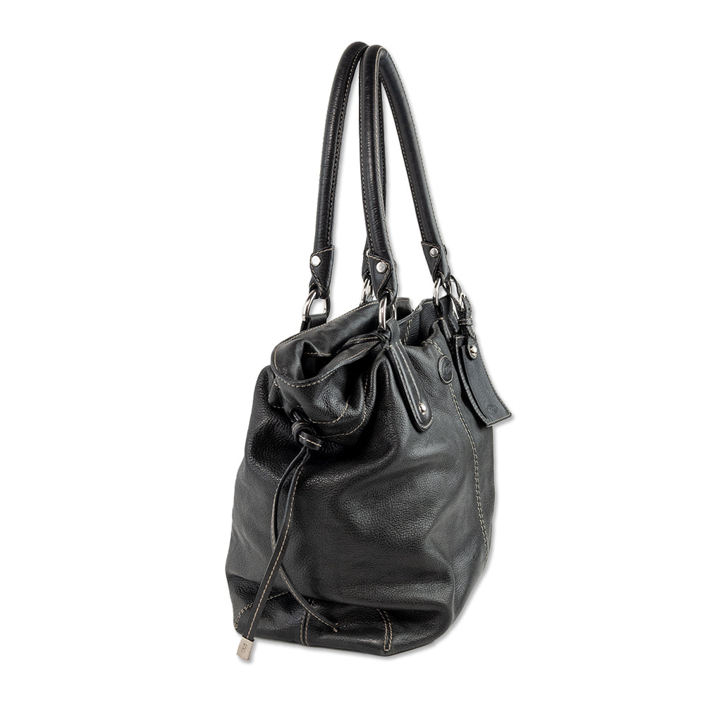 Tod's Drawstring Black Leather Handbag with Top Handle